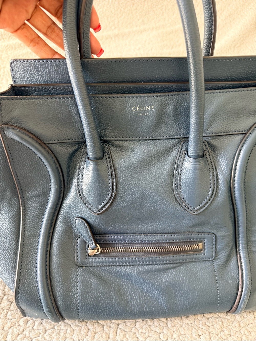 Celine Luggage Tote Blue Pebbled Leather Top Handle Bag - Picture 4 of 15